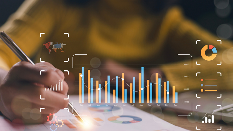 Business Intelligence concept - data analysis, management tools, intelligence, corporate strategy creation, data-driven decision making. KPIs and metrics connected to the financial database.