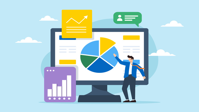 Businessman using resource planning software to analyze pie chart, illustrating managing projects and resources using ERP or marketing tools. Concept of optimizing processes utilizing CRM systems